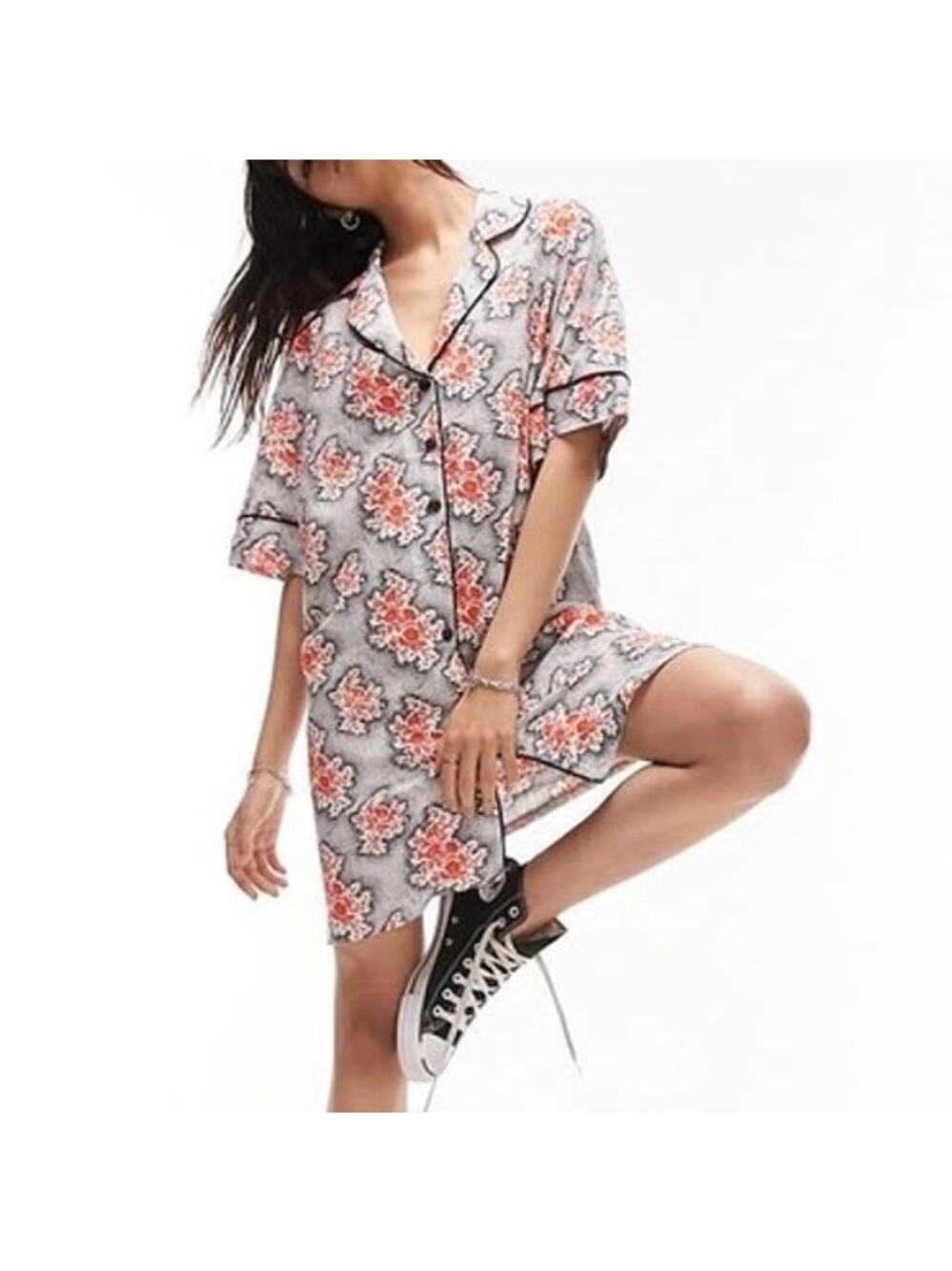 Topshop Souvenir Button Front Shirt Dress Red Black Floral Linen Blend Womens 6